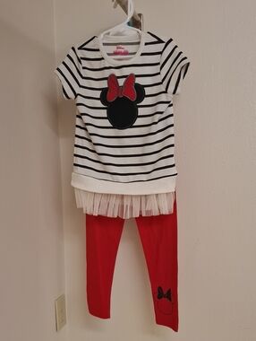 Disney Girls Black White Striped Minnie Top with Red Leggings